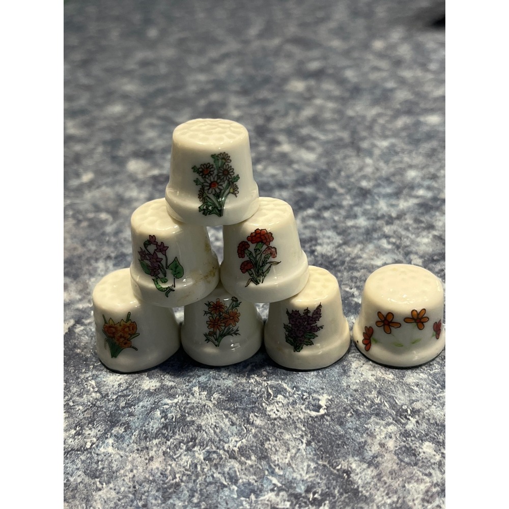Vintage Porcelain Floral Thimble Set of 7 White Ceramic Sewing Collectibles